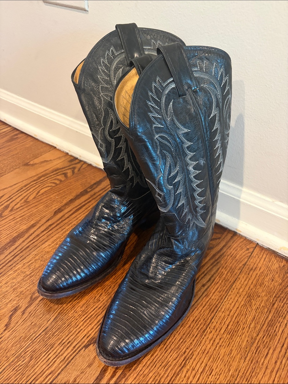 Tony Lama Black Western Cowboy Boots with Silver Stitching
